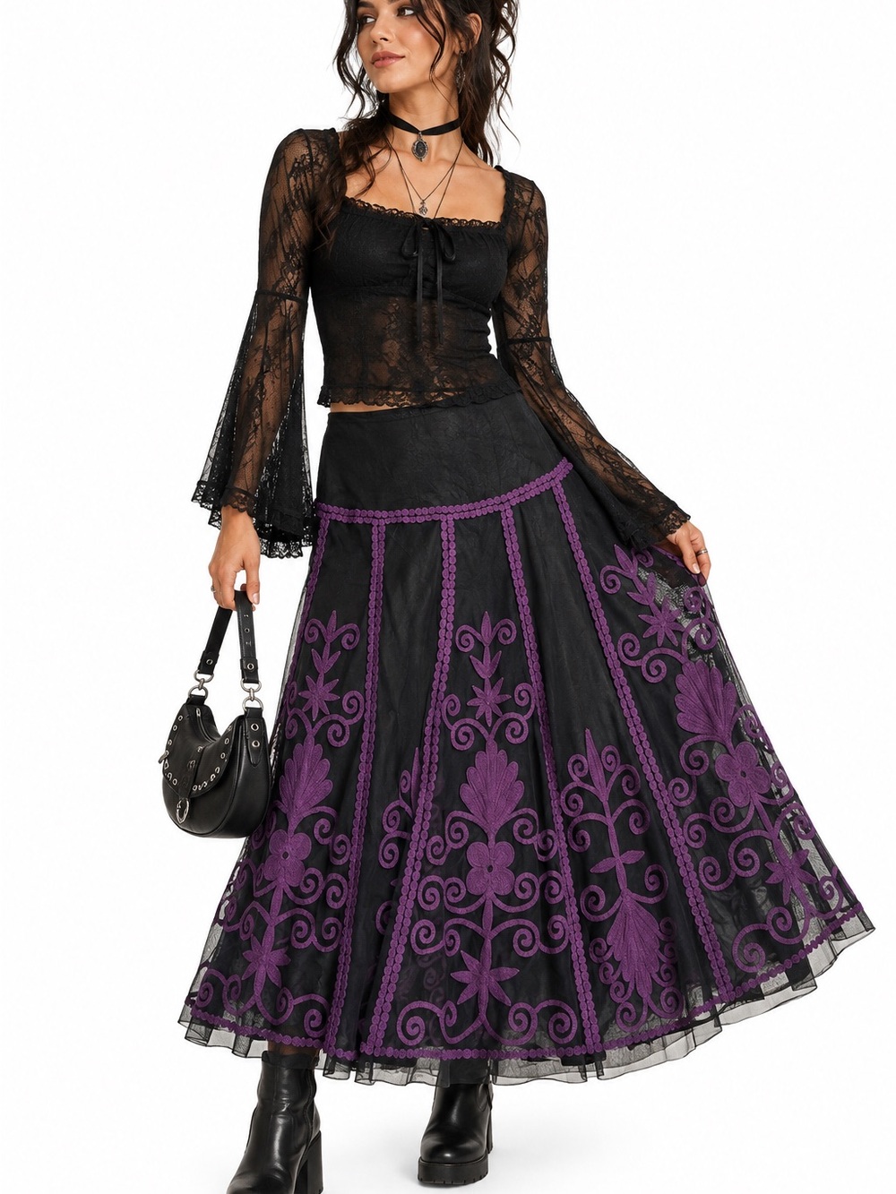 Black Purple Embroidered Mesh Maxi Skirt M Whimsigoth Gothic Statement